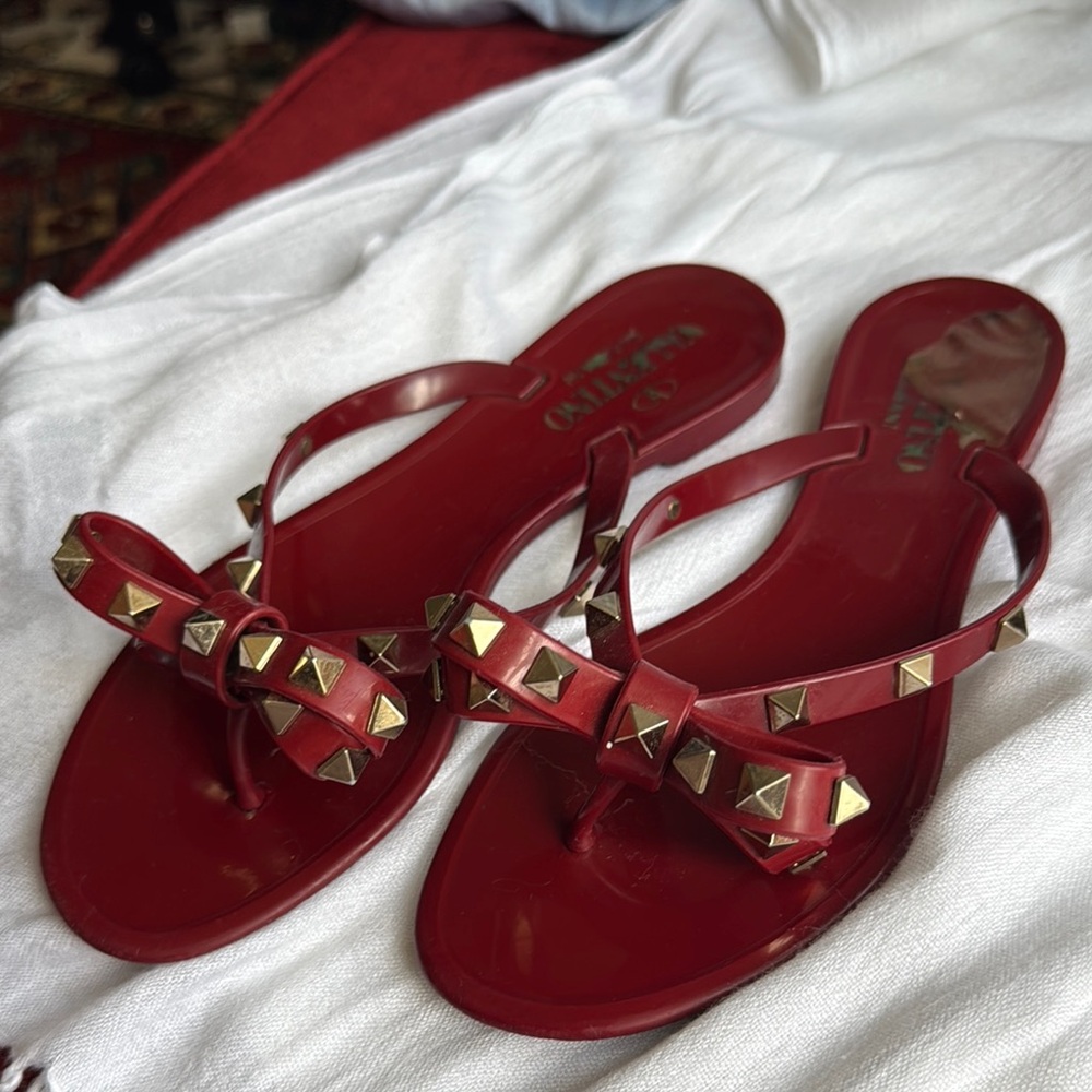 Valentino Red Studded Sandals T-Strap Design